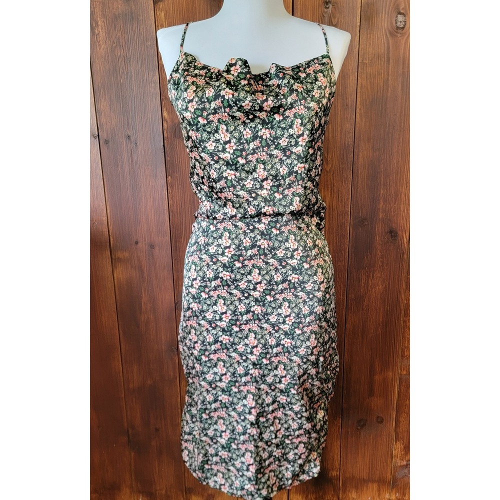 Whimisgoth Women Small Slip Dress Black Floral Print Midi Bodycon 2000s Y2K Vibe